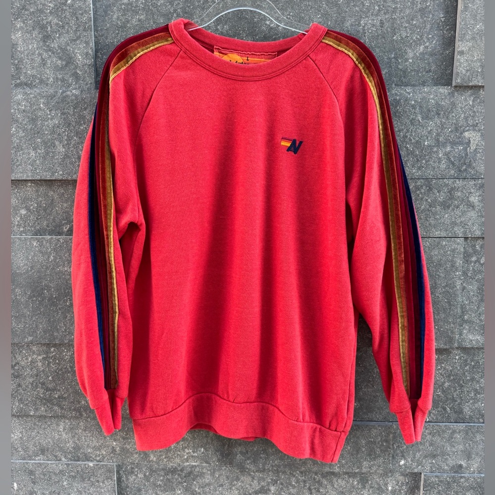 Aviator Nation Red Crewneck Sweater with Striped Sleeves